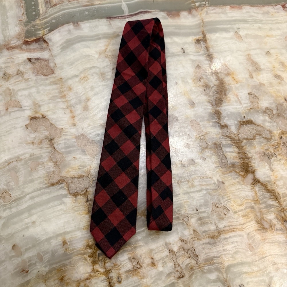 J.Crew Handmade USA Red Black Buffalo Plaid Silk Tie Mens Necktie